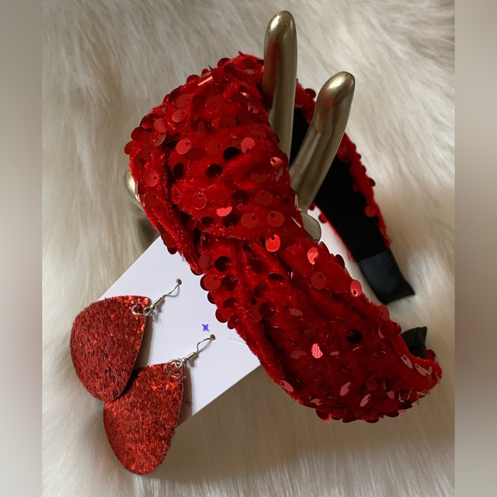 Red Sequin Headband and Earrings Set